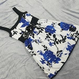 Black, white, blue floral dress